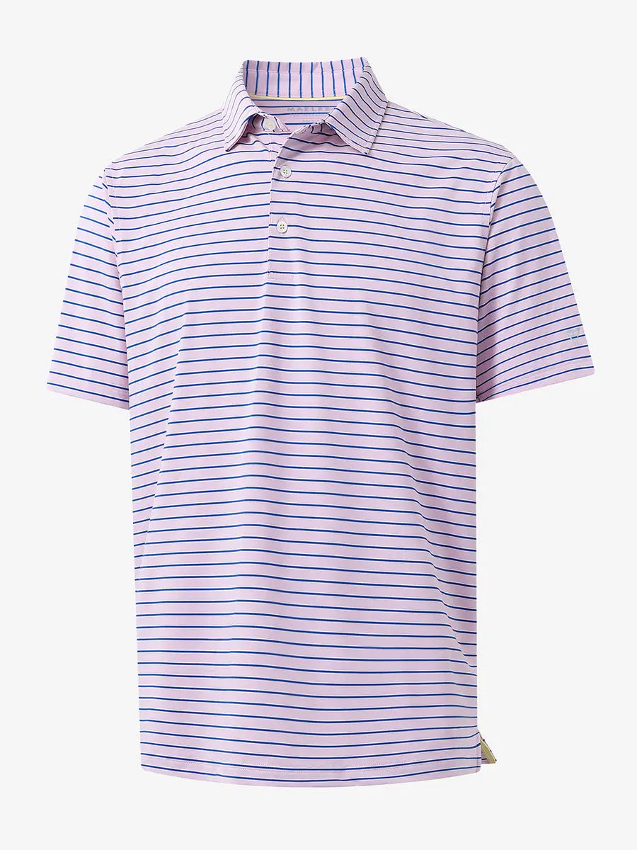 3D product view of LIGHT PINK/COBALT STRIPE Youth Performance Golf Polo showing design and fit.