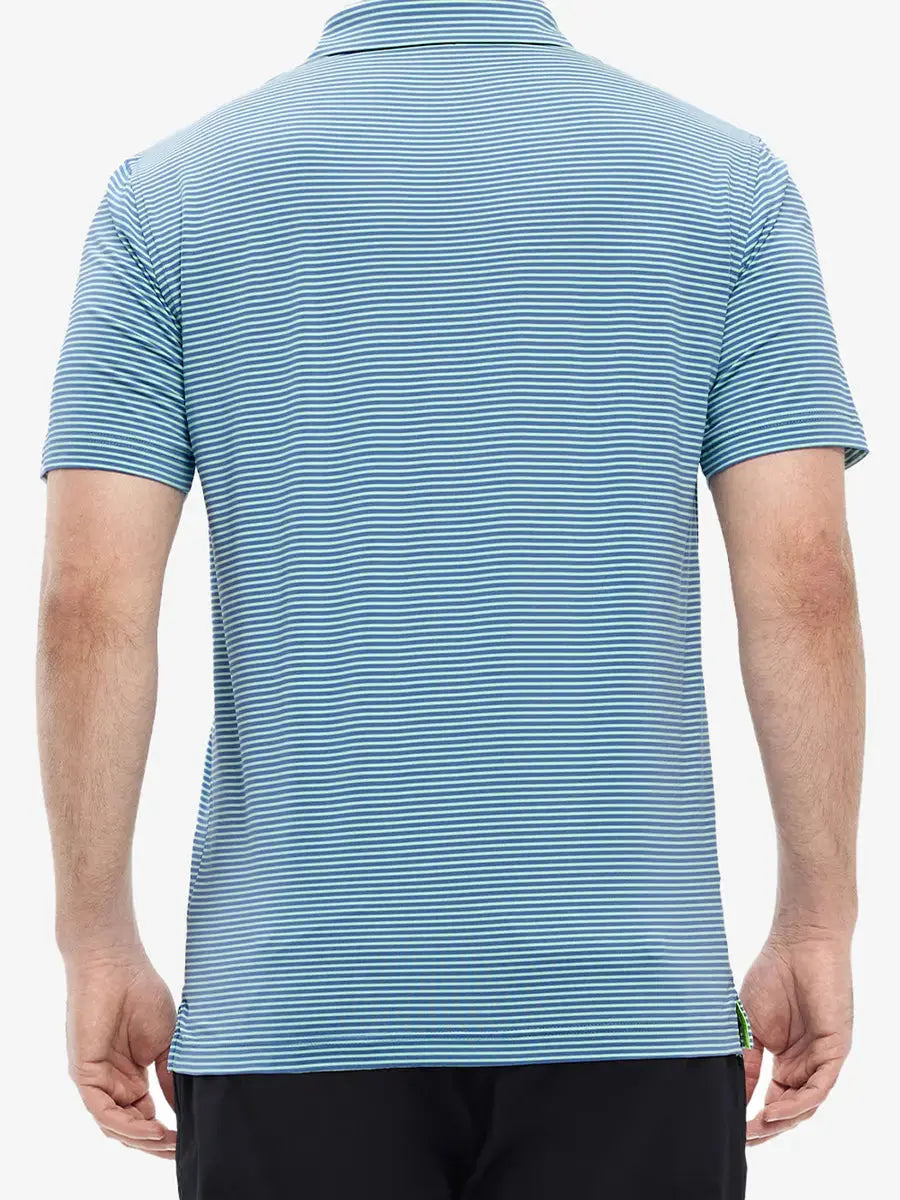 Rear half-body shot of Cooling Stripe Golf Shirt in GREEN ASH STRIPE, showcasing stripe alignment and fit