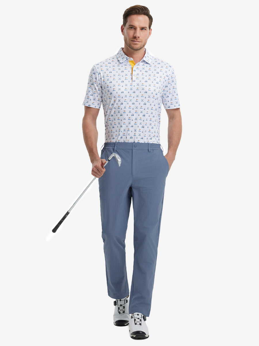 Full front view of model in Performance Water Resistant Pants DUSTY BLUE，ready for golf with club in hand.