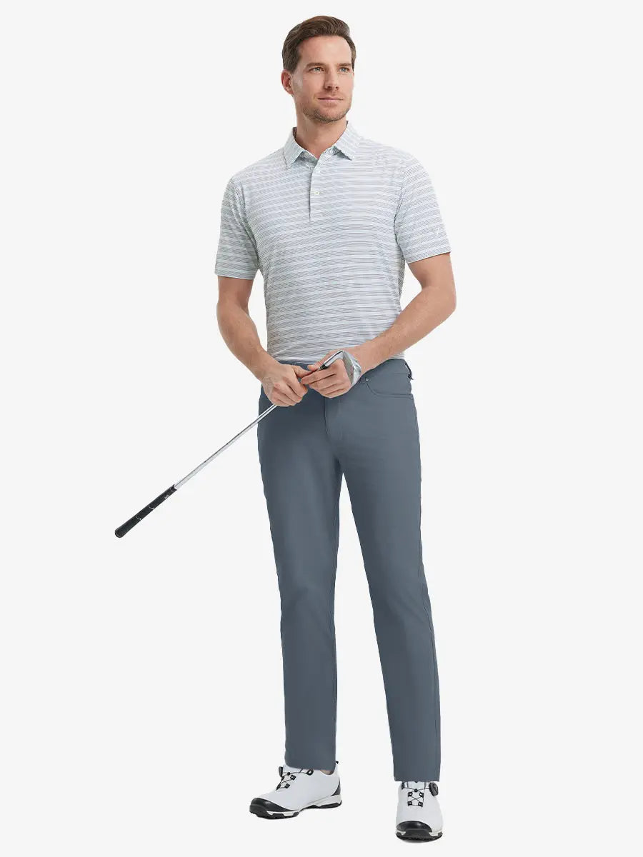 Full-body front shot with golf club, styled in Stretch Plain Everyday Pants – DARK GREY