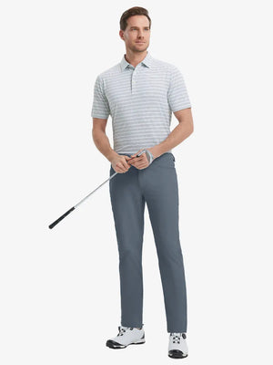 Full-body front shot with golf club, styled in Stretch Plain Everyday Pants – DARK GREY