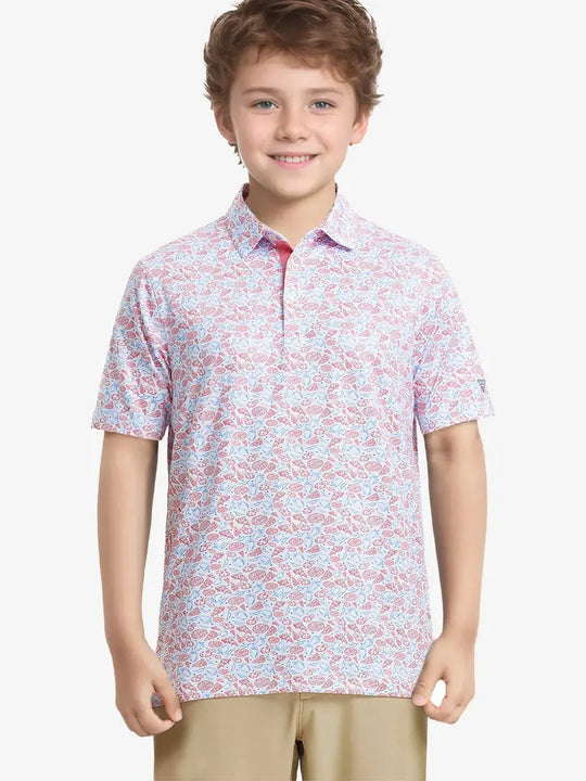 Front half-body shot of boy model in WHITE PIZZA Performance Print Boys Golf Polo, ready for golf