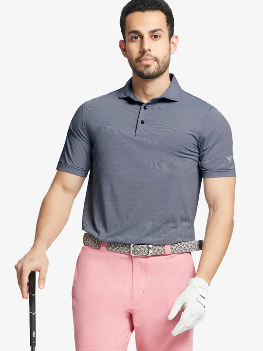 Model in NAVY STRIPE Pinstripe Jersey Performance Polo holding golf club, front half-body view								
