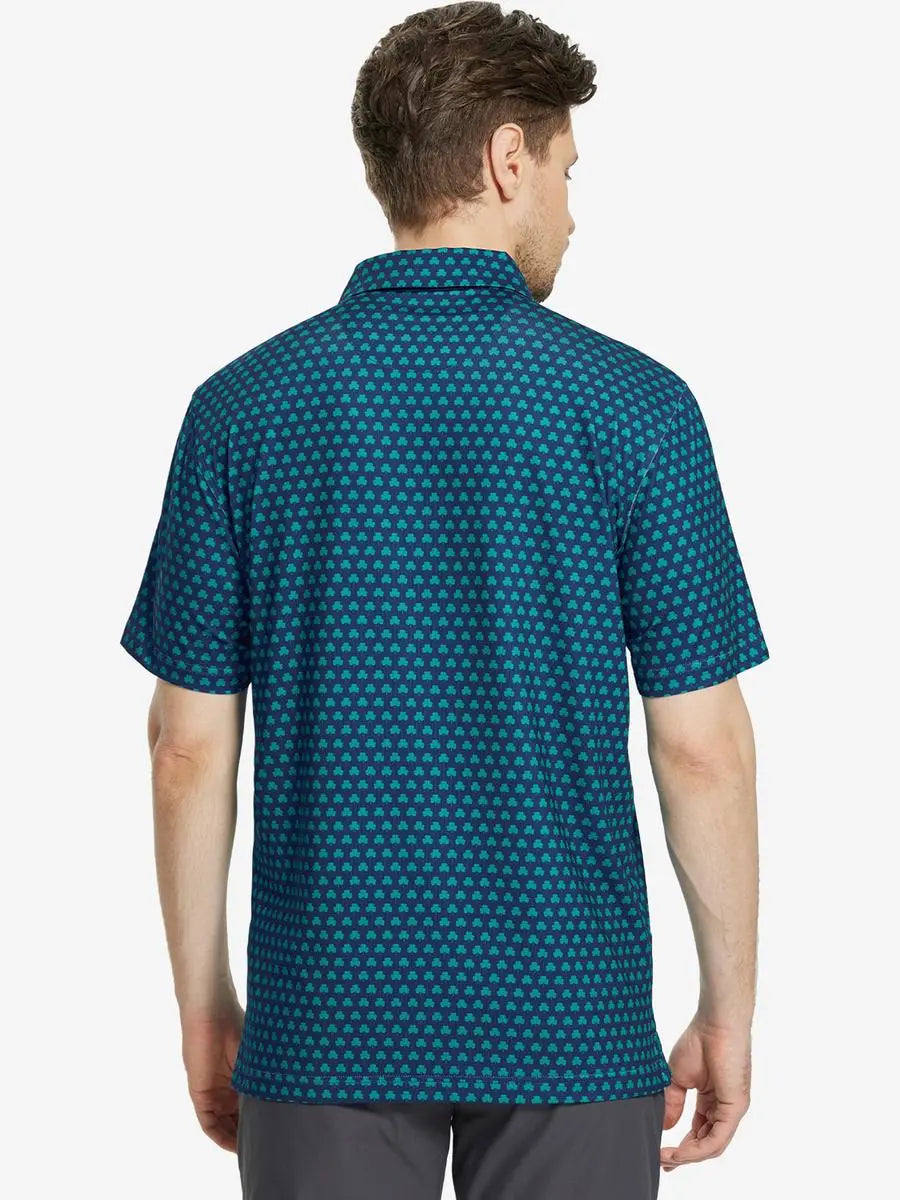 Back view of MAELREG Men's Performance Jersey Print Polo in Four Leaf Clover – athletic fit