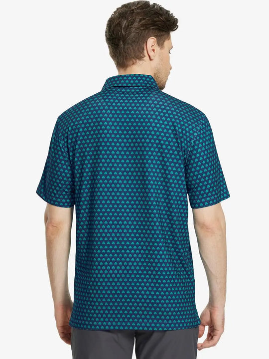 Back view of MAELREG Men's Performance Jersey Print Polo in Four Leaf Clover – athletic fit