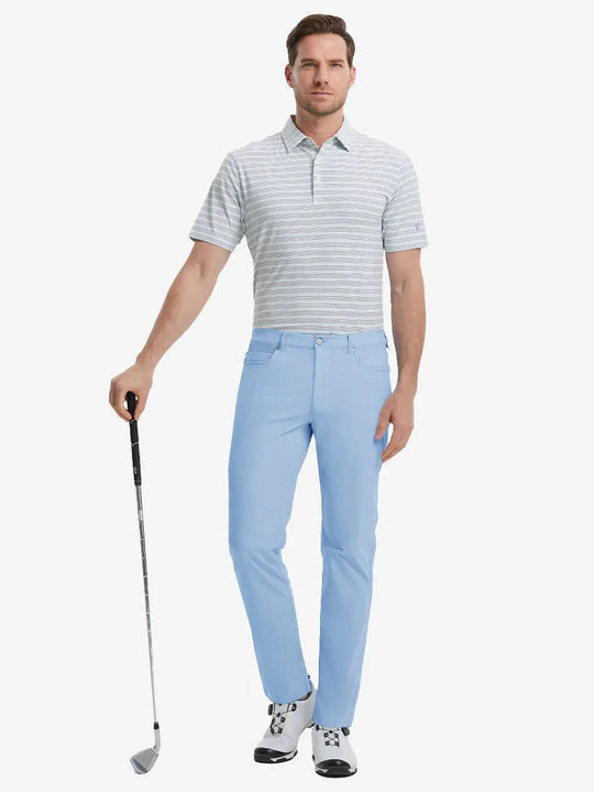 Full-body front shot with golf club, styled in Stretch Plain Everyday Pants – LIGHT BLUE