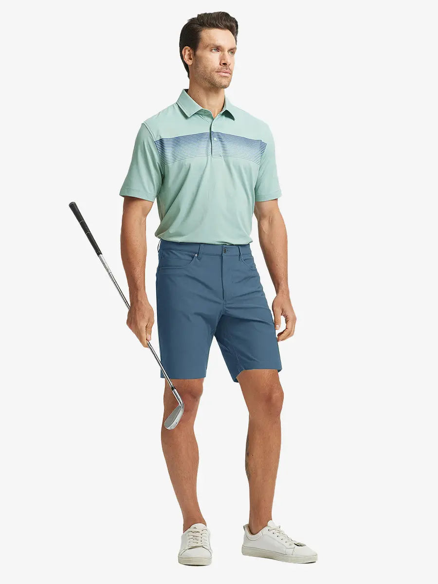 GRAYISH BLUE 4-way Stretch Performance Solid Shorts, golfer full-body front with club, 9 Inch length
