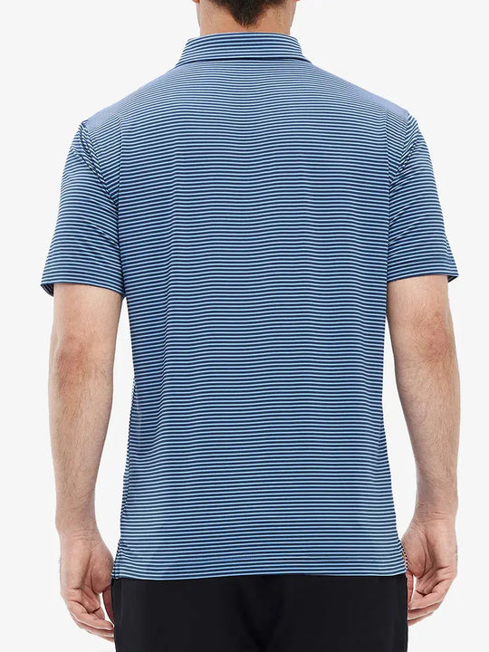 Back view from waist up, BLUE DENIM STRIPE polo showcasing classic fit and smooth back stripe layout