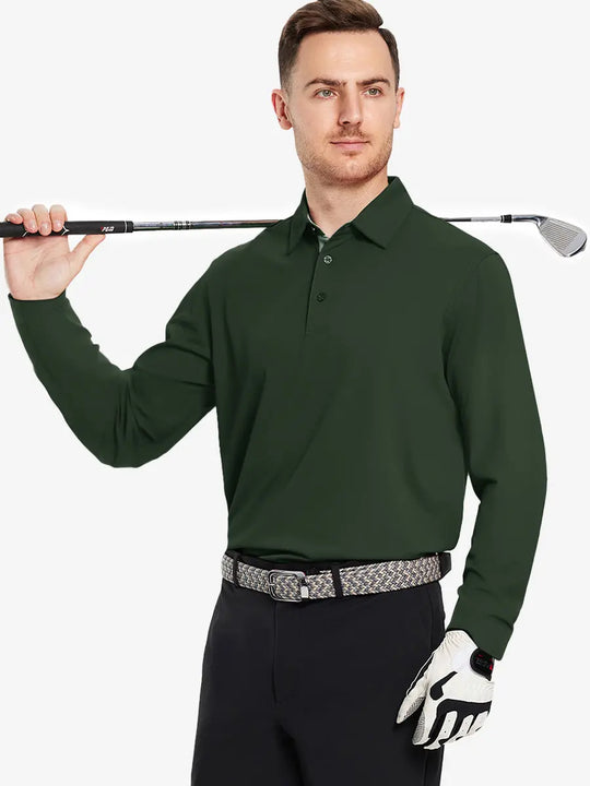 Model wearing the olive green long sleeve pique polo, holding a golf club, highlighting its natural design and comfort.