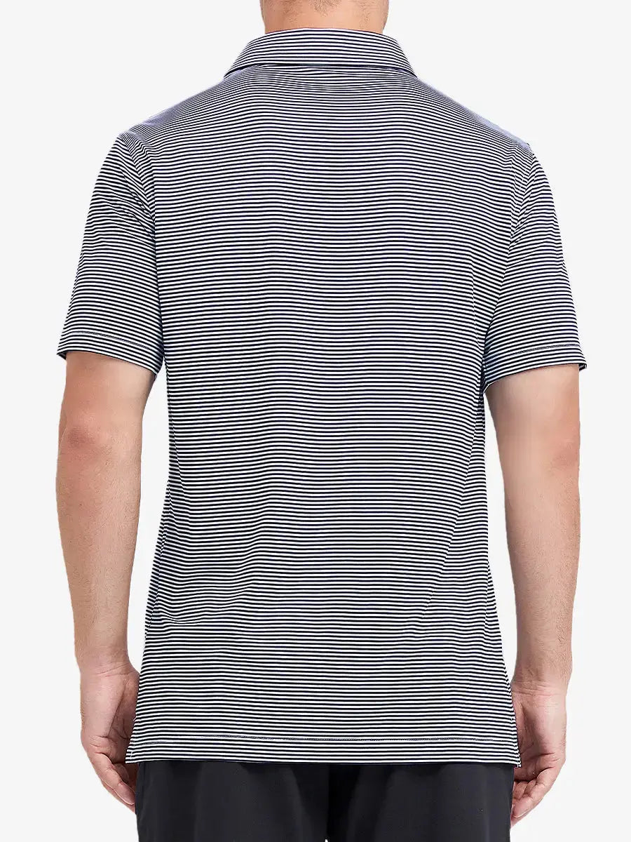 Rear half-body shot of Cooling Stripe Golf Shirt in NAVY STRIPE, showcasing stripe alignment and fit