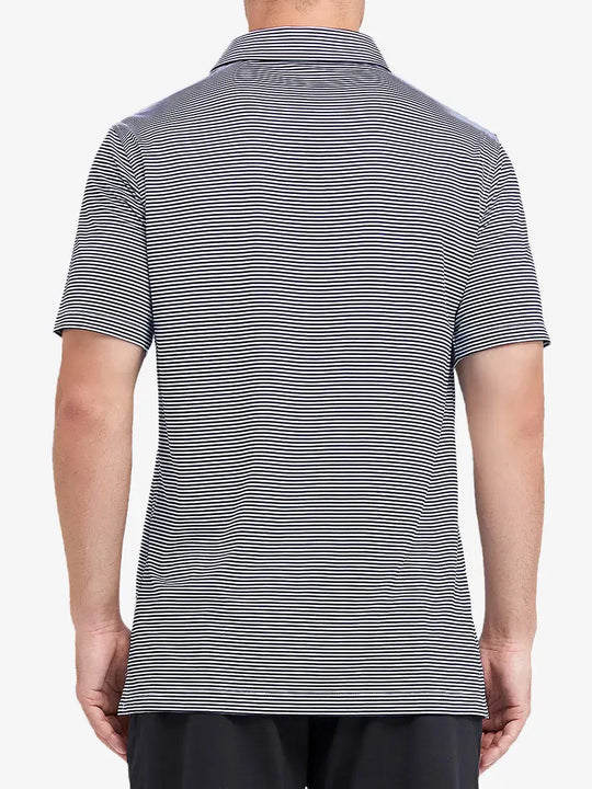 Rear half-body shot of Cooling Stripe Golf Shirt in NAVY STRIPE, showcasing stripe alignment and fit