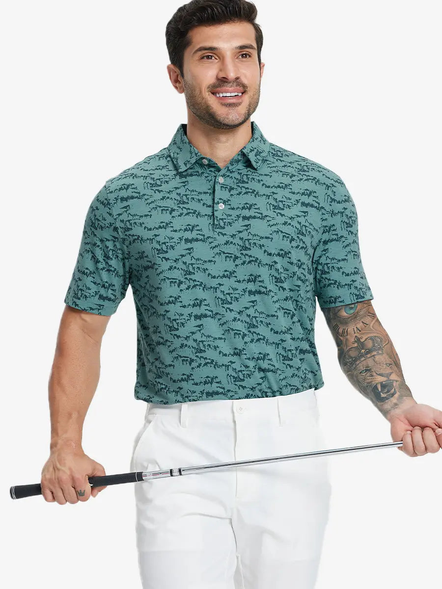 Half-body front view of model holding golf club wearing CYAN MASSIF Popular Heather Print Polo
