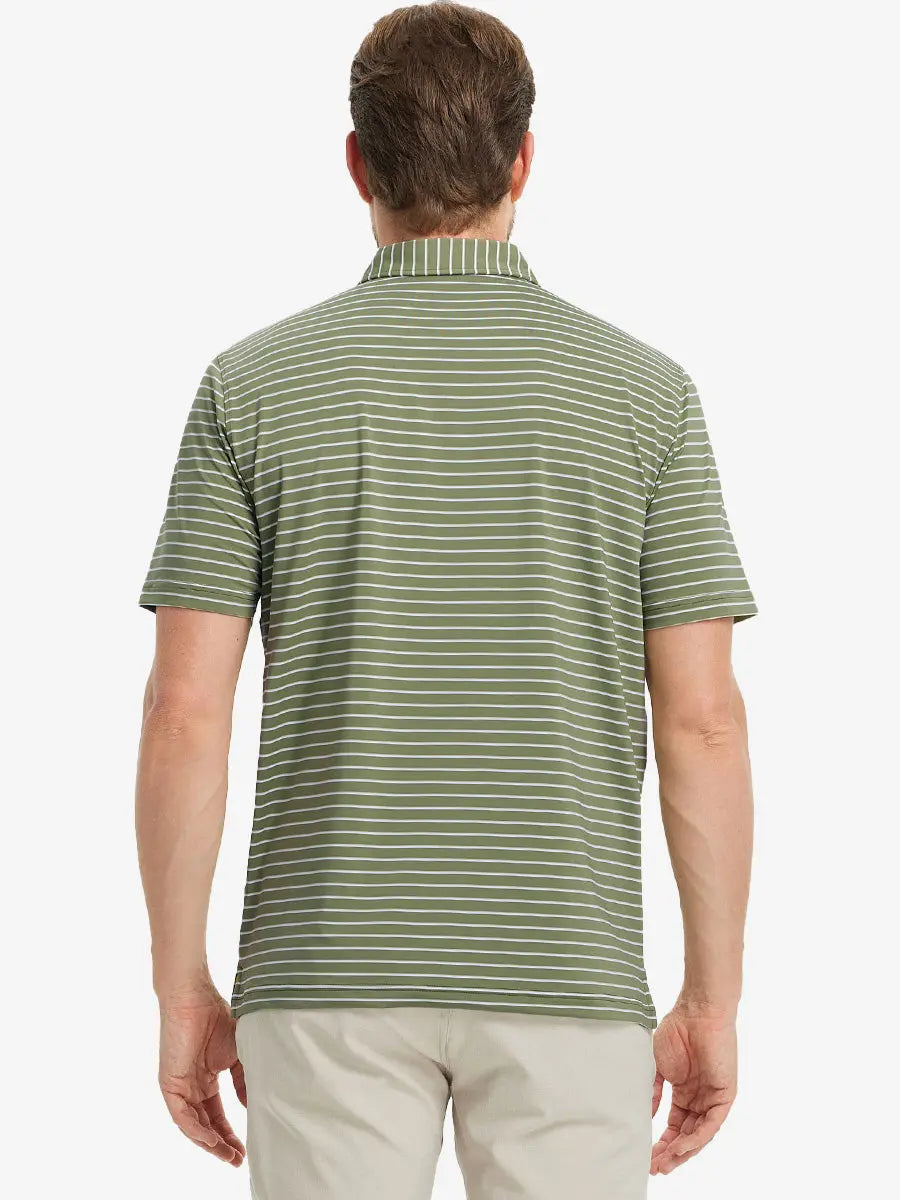 Back half-body view of LIGHT GREEN/WHITE STRIPE Polo, natural and athletic