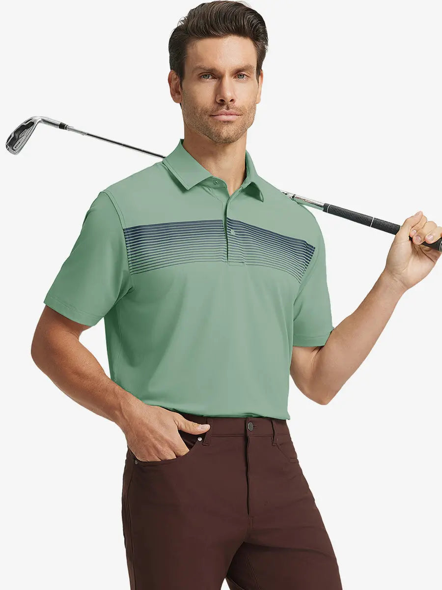 Half-body front view of model holding golf club wearing BERYL GREEN Stylish Chest Print Snap Polo