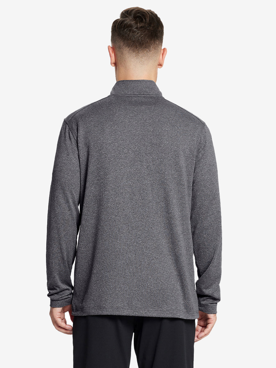 Half-body front shot, model holding golf club in BLACK MELANGE Moisture Wicking Quarter Zip Pullover.