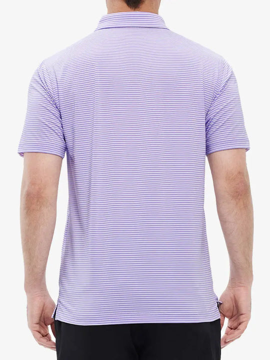 Upper back view: LAVENDER WHITE STRIPE polo offering a clean layout and soft color transitions