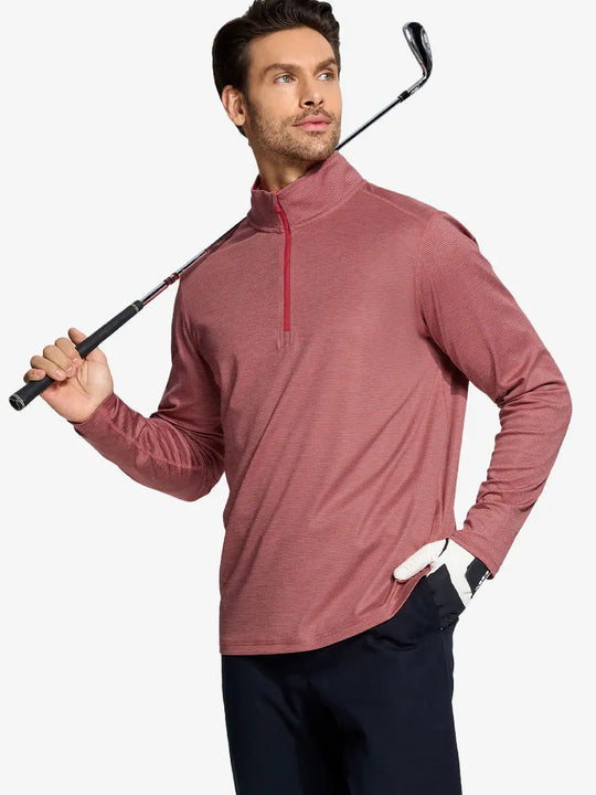 Half-body front view of model holding golf club in Pinstripe Quarter Zip Pullover – BRICK MELANGE