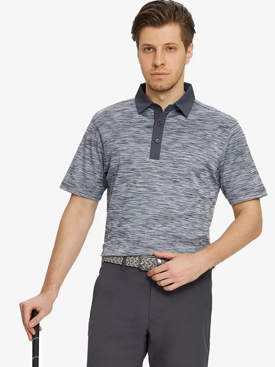 Half-body front shot holding golf club wearing DARK GREYBLACK HEATHER Cool Heather Texture Polo