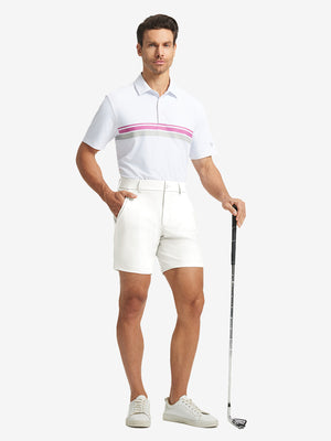Full-body shot of model holding golf club, styled with White Quick Dry Casual Shorts.