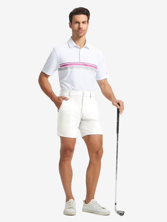 Full-body shot of model holding golf club, styled with White Quick Dry Casual Shorts.