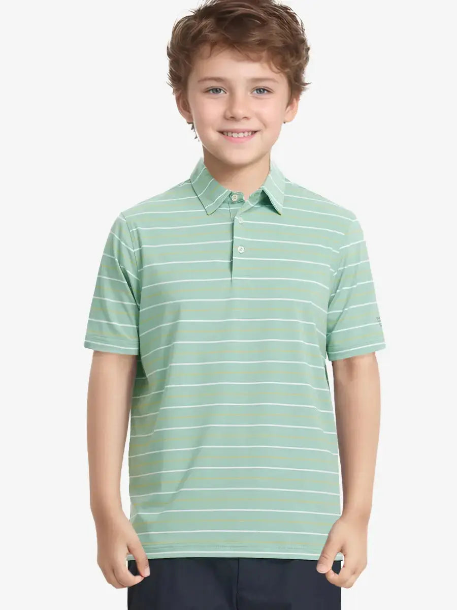 Half-body front view of child in LIGHT GREEN STRIPE Kids Stylish Stripe Polo Shirt.