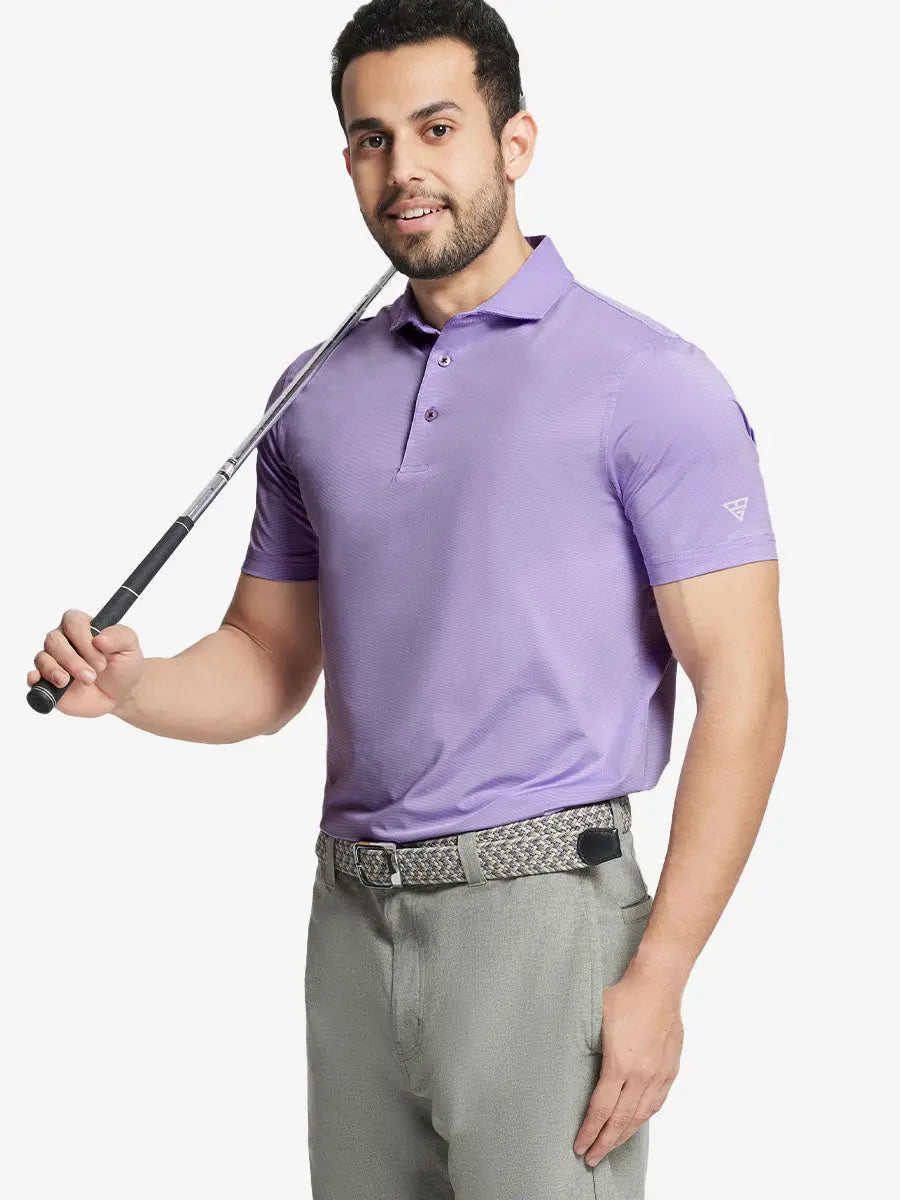 Model in LAVENDER WHITE STRIPE Pinstripe Jersey Performance Polo holding golf club, front half-body view								

