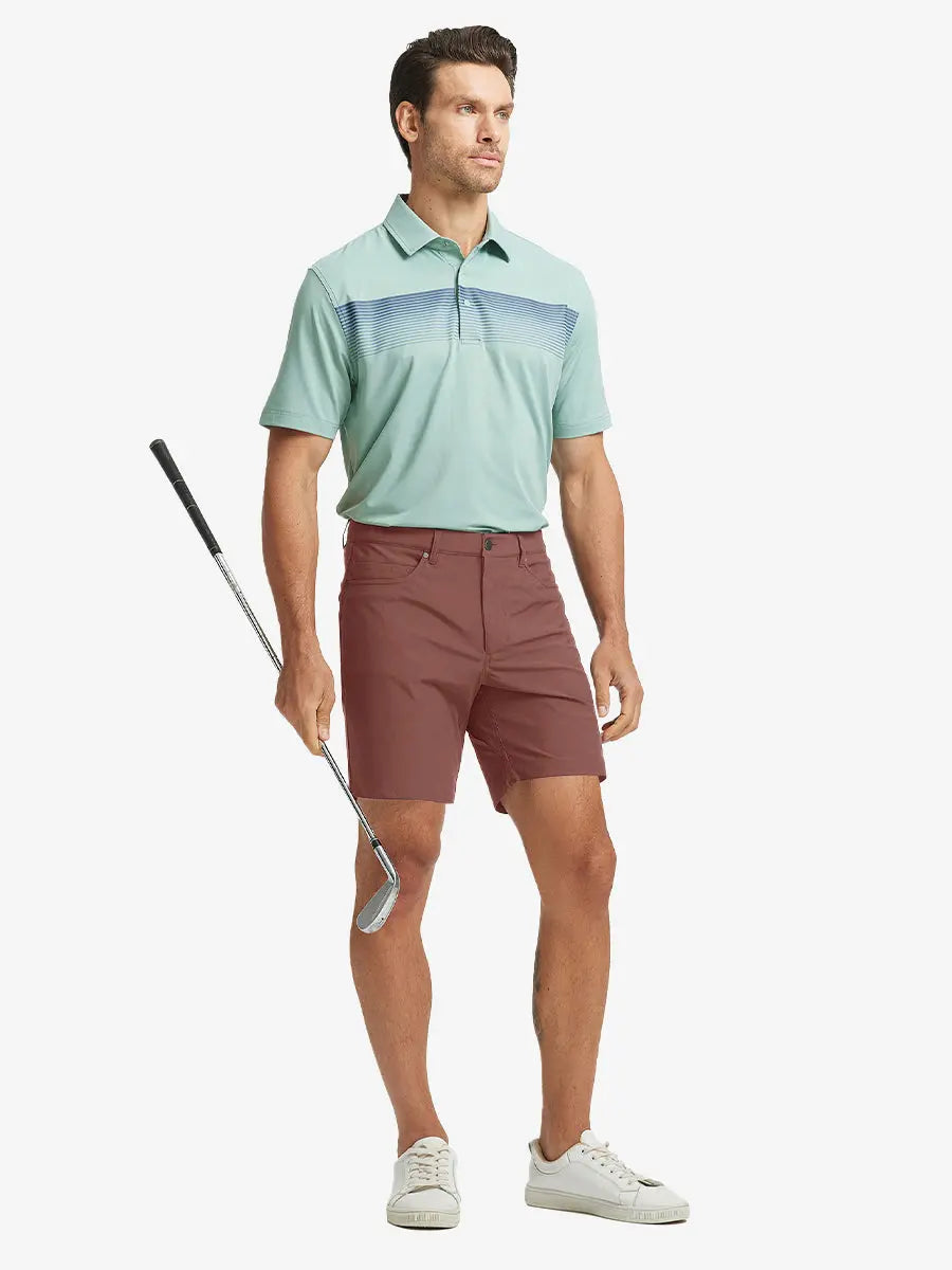 CRANBERRY 4-way Stretch Performance Solid Shorts, golfer full-body front with club, 7 Inch length