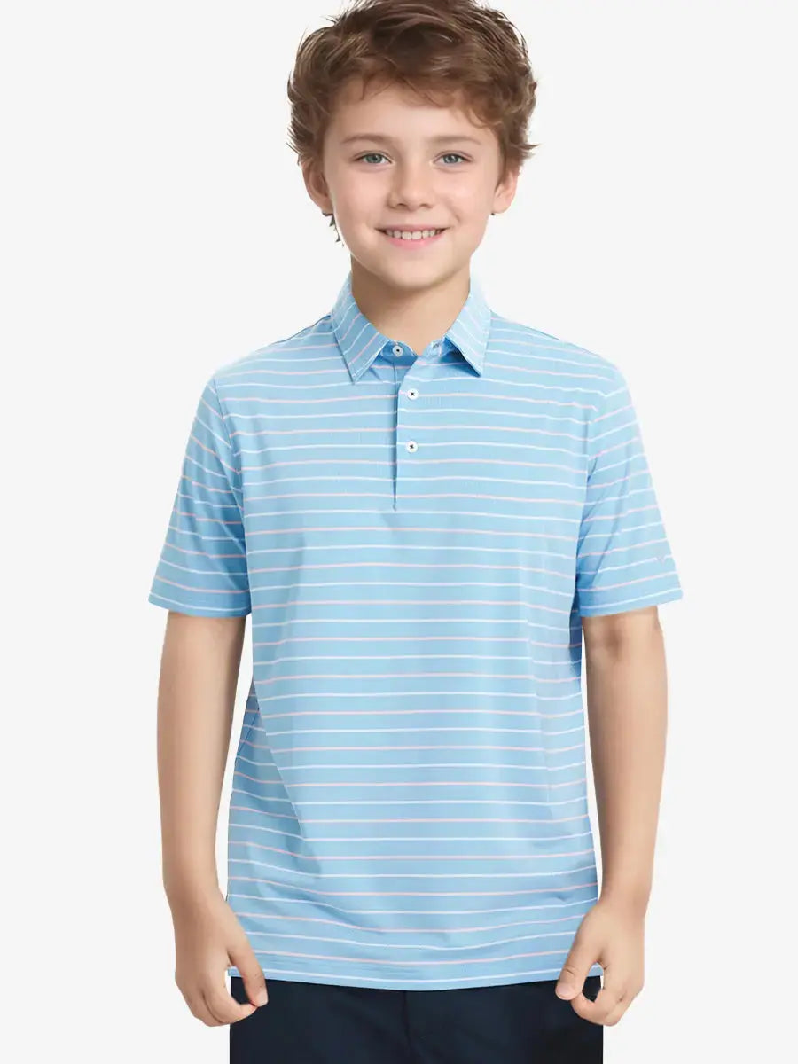 Half-body front view of child in MISTY BLUE STRIPE Kids Stylish Stripe Polo Shirt.