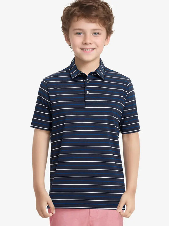 Half-body front view of child in NAVY STRIPE Kids Stylish Stripe Polo Shirt.