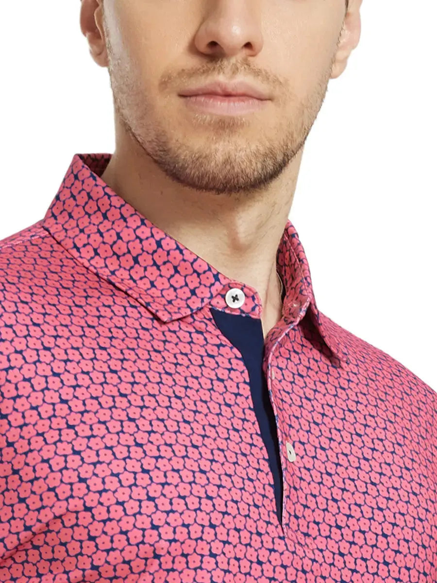 MAELREG Men's Performance Jersey Print Polo – Front chest view in Rose Flower