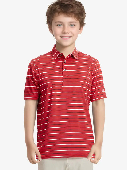 Half-body front view of child in RED STRIPE Kids Stylish Stripe Polo Shirt.