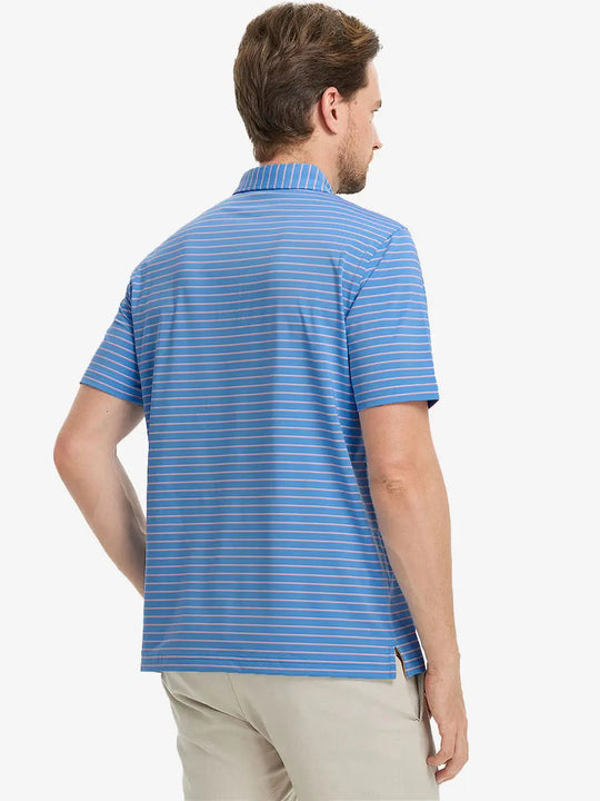 Back half-body view of SKY BLUE/PINK STRIPE Polo with relaxed sporty fit