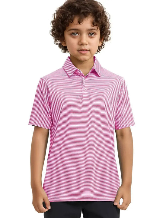 MAELREG Youth Polo – half-body front view, neutral pose in Rose Stripe