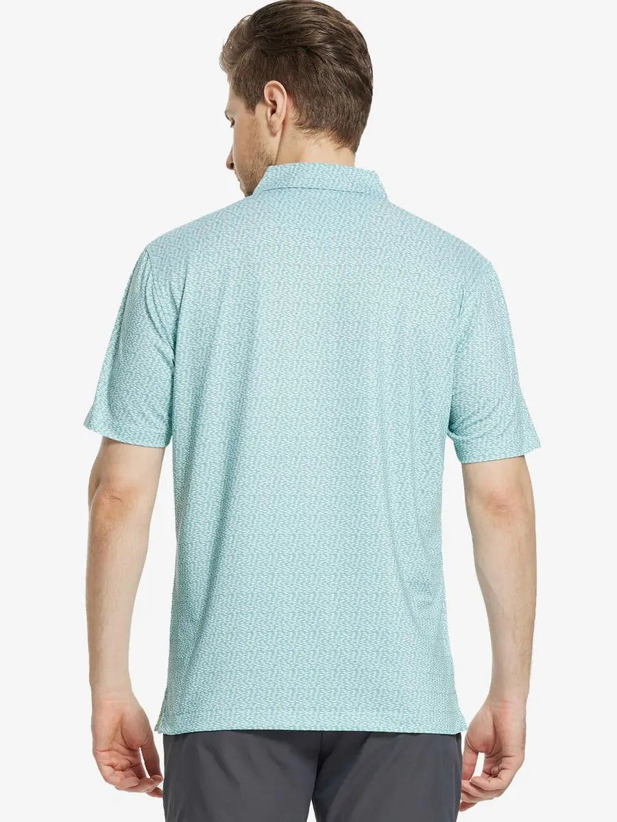 Back view of MAELREG Men's Performance Jersey Print Polo in Green White Fish – athletic fit