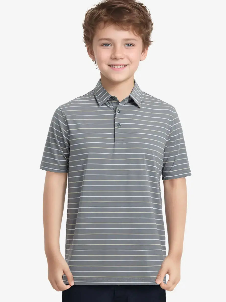Half-body front view of child in NEUTRAL STRIPE Kids Stylish Stripe Polo Shirt.