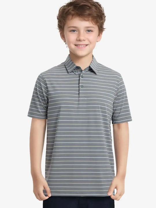 Half-body front view of child in NEUTRAL STRIPE Kids Stylish Stripe Polo Shirt.