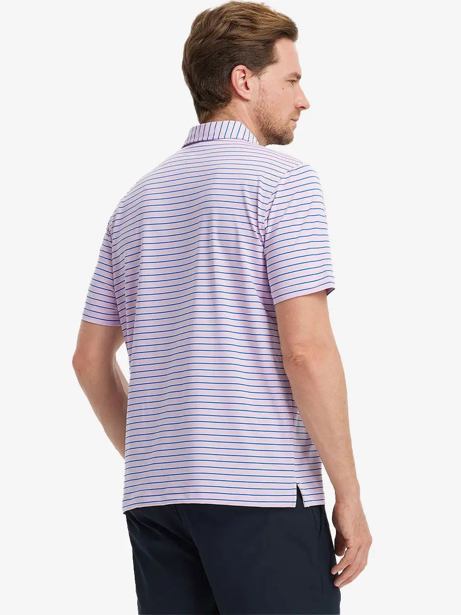 Back half-body look of model wearing LIGHT PINK/COBALT STRIPE striped polo