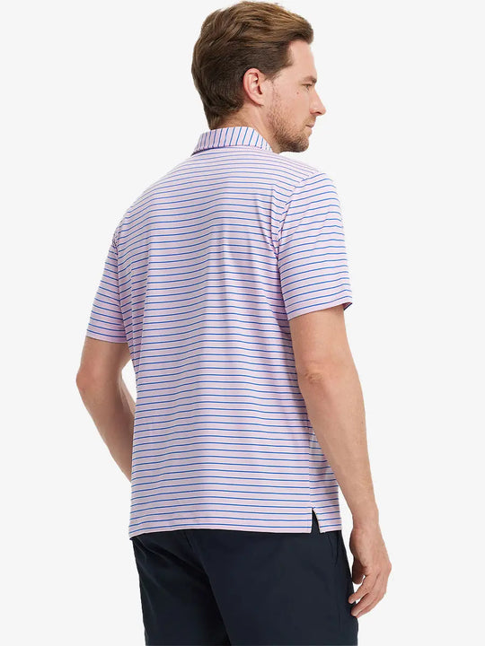 Back half-body look of model wearing LIGHT PINK/COBALT STRIPE striped polo