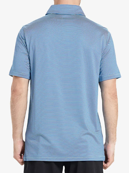 Back half-body view of AQUA STRIPE shirt, featuring neat stripes and athletic fit