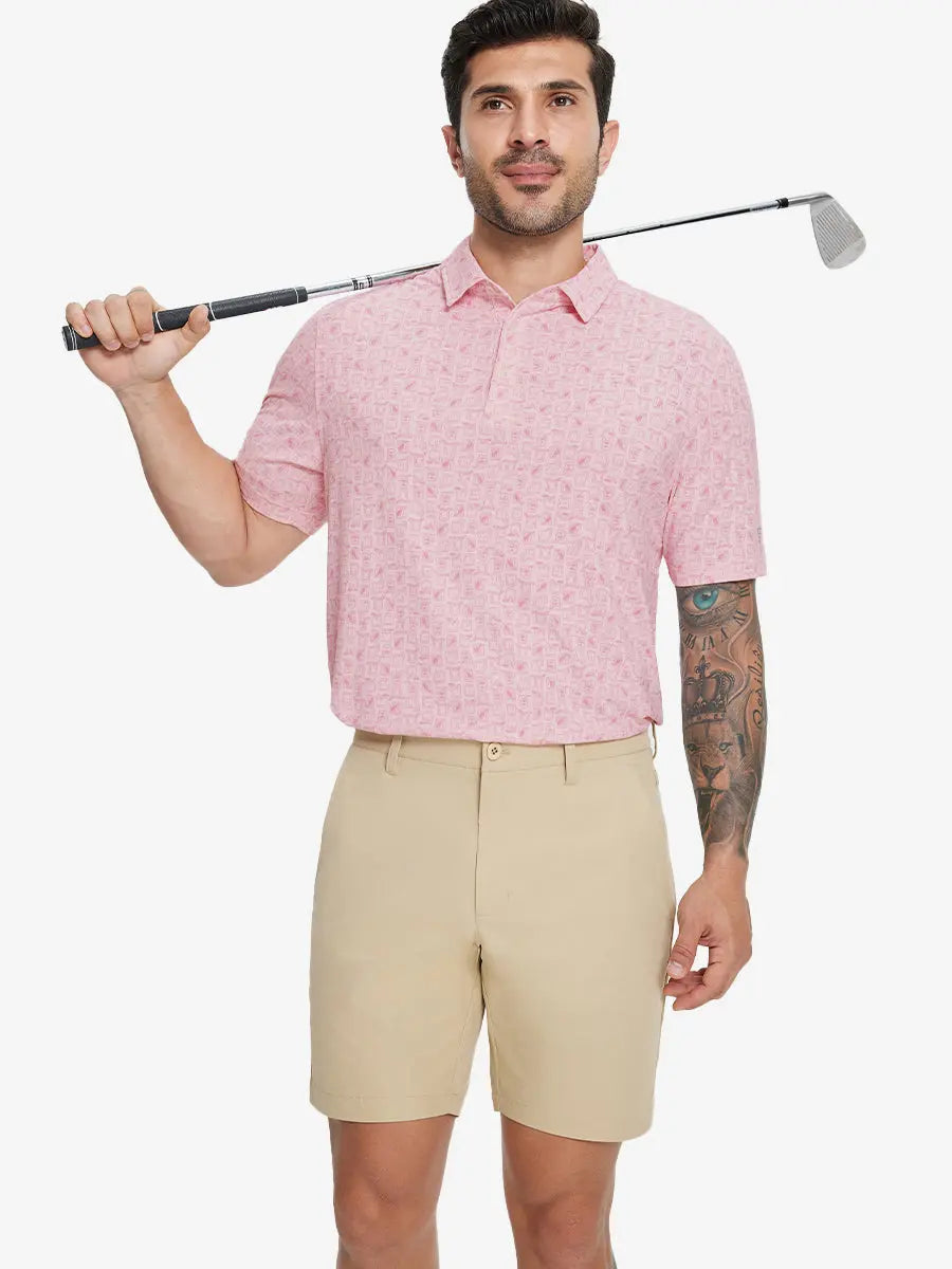Half-body front view of model holding golf club wearing PINK WHISKEY GLASS Popular Heather Print Polo