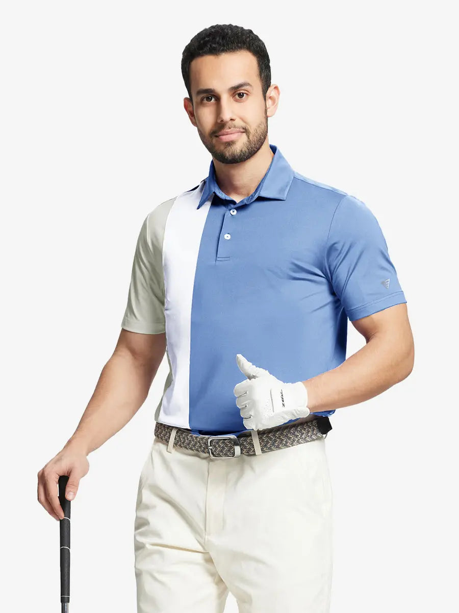 Half-body front view of model holding golf club wearing LIGHT BLUE Moisture Wicking Color Block Polo Shirt.