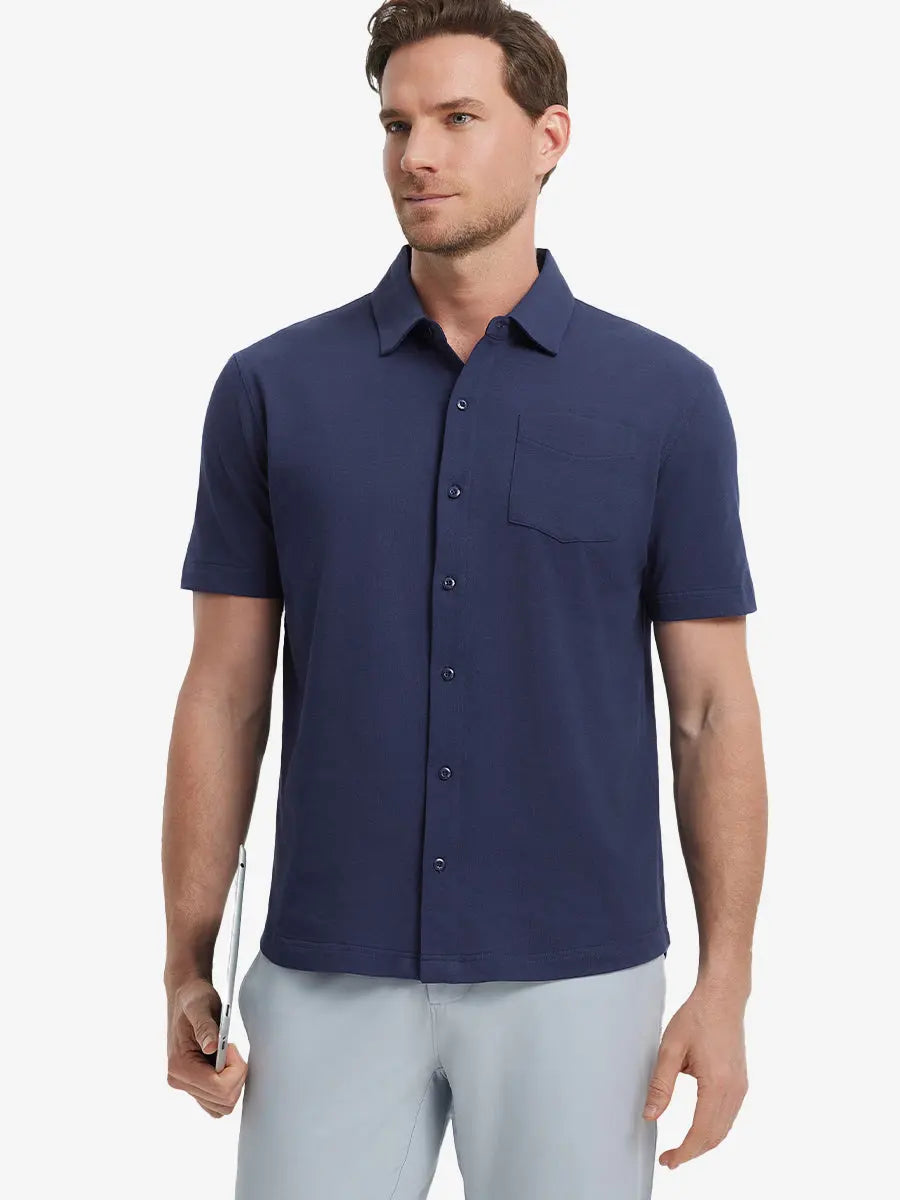 Model half-body front view wearing NAVY Cotton Blend Plain Shirt.