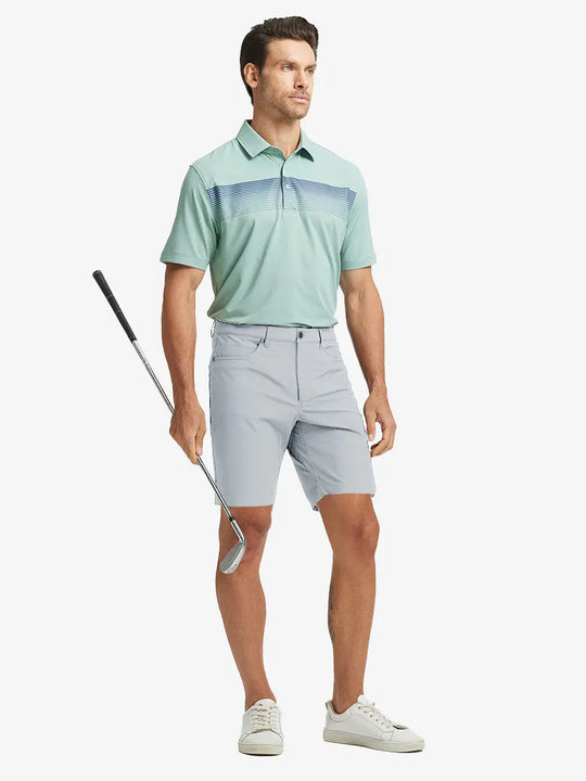 GLACIER GREY 4-way Stretch Performance Solid Shorts, golfer full-body front with club, 9 Inch length