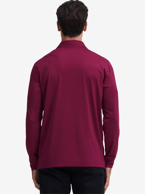 Back upper body of Long sleeve pinstripe jersey polo with subtle maroon stripe lines