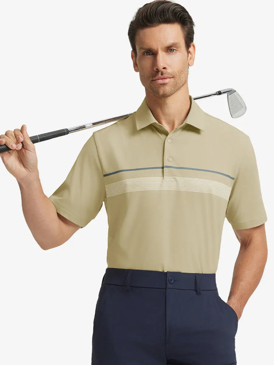 Half-body front view of model holding golf club wearing DARK KHAKI Stylish Chest Print Snap Polo