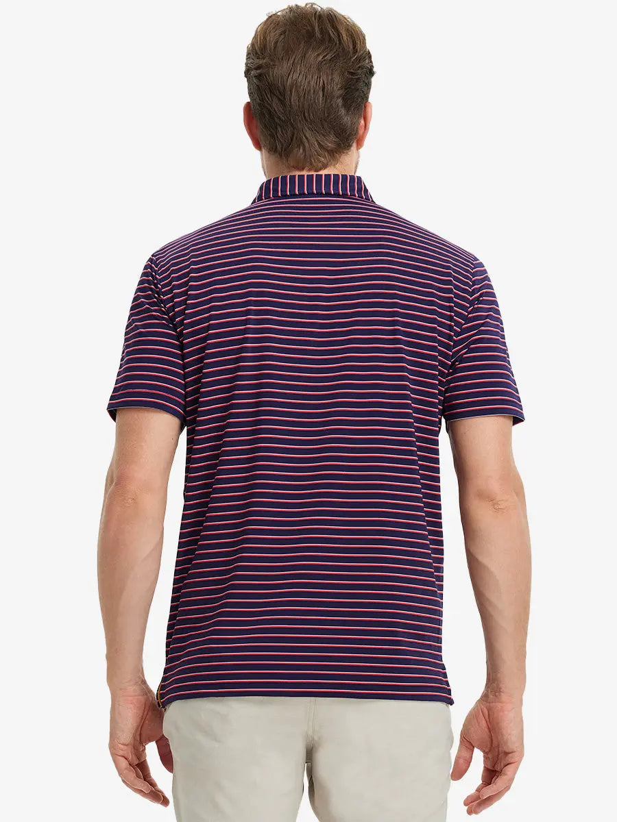 Rear half-body view of NAVY/RED STRIPE Polo styled for active performance