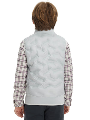 Back view of boys full-zip fleece-lined puffer vest showing smooth fleece texture in light grey