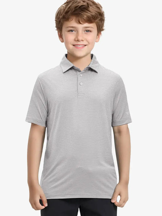 MAELREG Youth Polo – half-body front view, neutral pose in Grey White Stripe