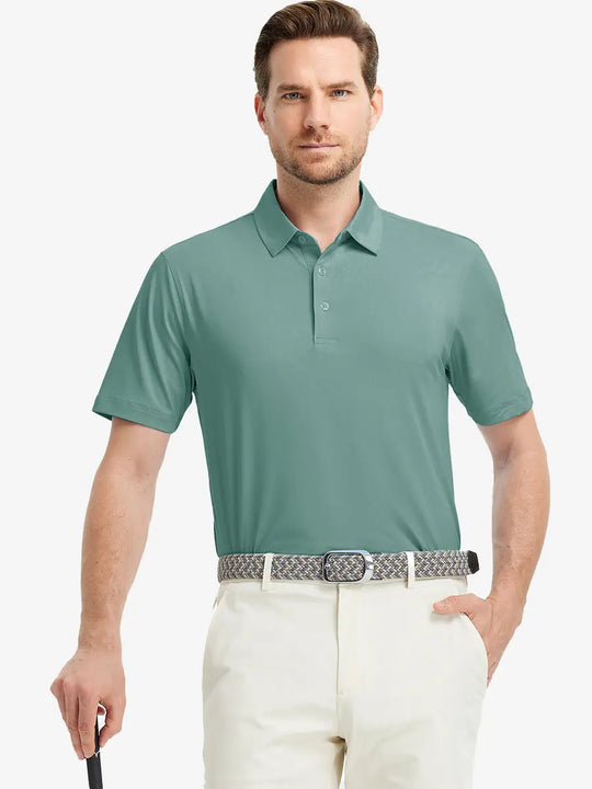 Model wearing Everyday Solid Jersey Polo in BERYL GREEN, front view holding golf club confidently.