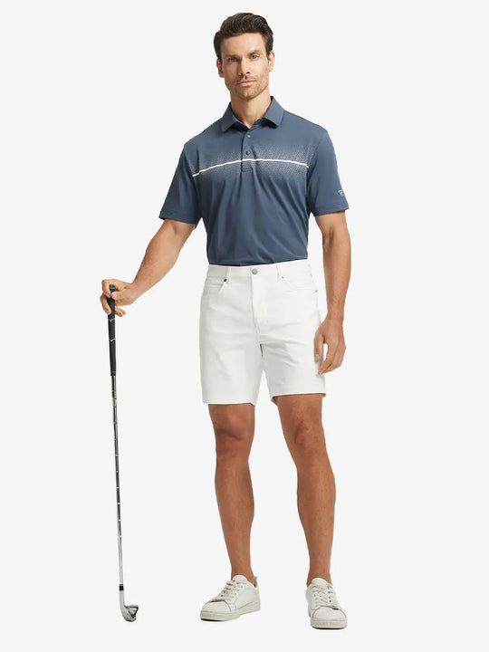 WHITE 4-way Stretch Performance Solid Shorts, golfer full-body front with club, 7 Inch length